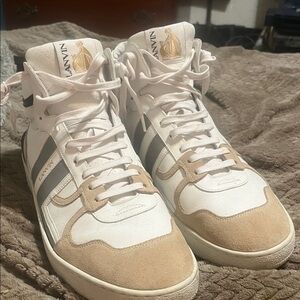 Lanvin Men's High-Top Sneakers in White, Beige & Gray